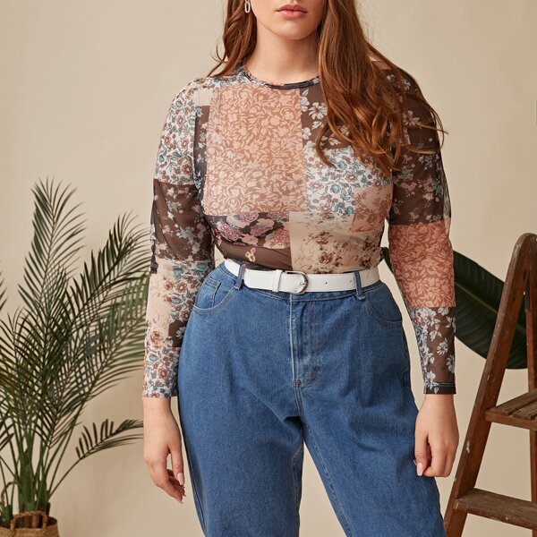 

Plus Floral Patchwork Mesh Top, Multicolor