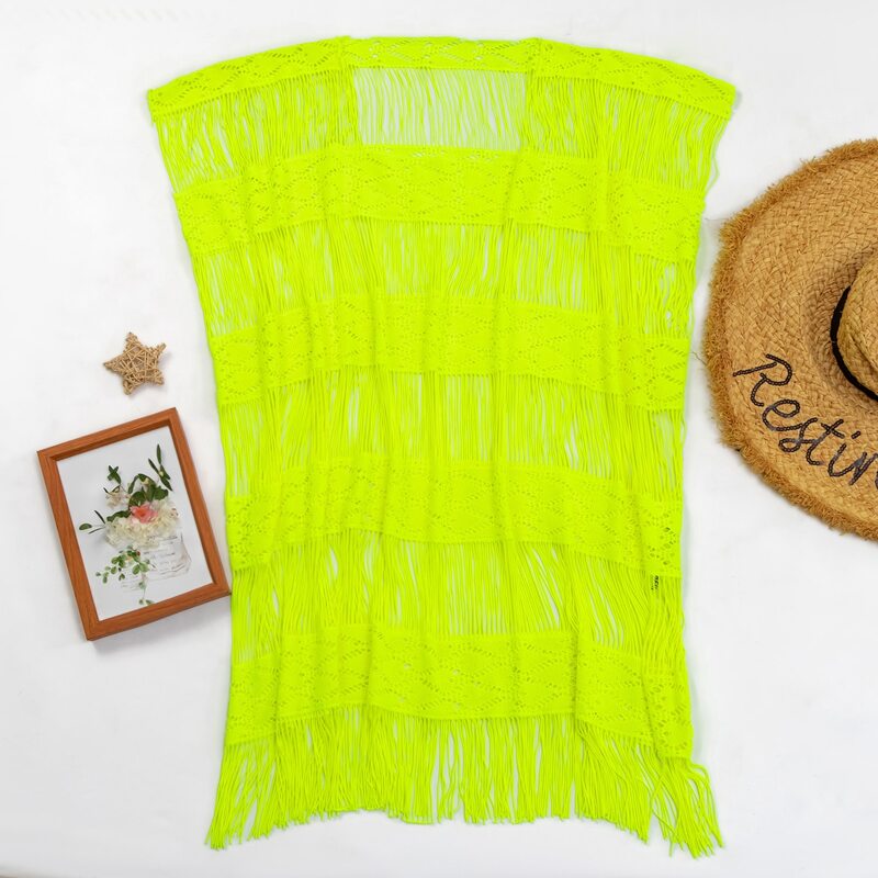 

Neon Lime Hollow Out Fringe Hem Cover Up, Neon lime green