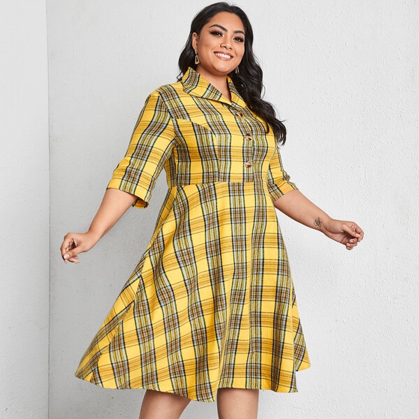 

Plus Tartan Flare Hem Shirt Dress, Multicolor