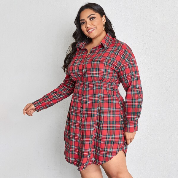 

Plus Tartan Button Front Shirt Dress, Multicolor