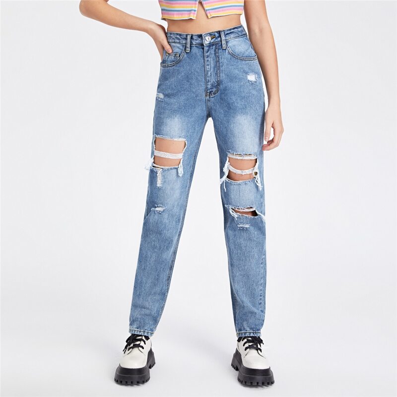 

Ripped Washed Straight Leg Jeans, Medium wash