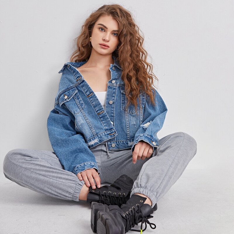 

Ripped Button Through Denim Jacket, Medium wash