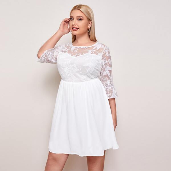 

Plus Flounce Sleeve Embroidery Mesh Bodice Dress, White