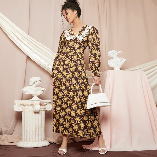 

Guipure Lace Trim Lantern Sleeve Floral Shirt Dress, Multicolor