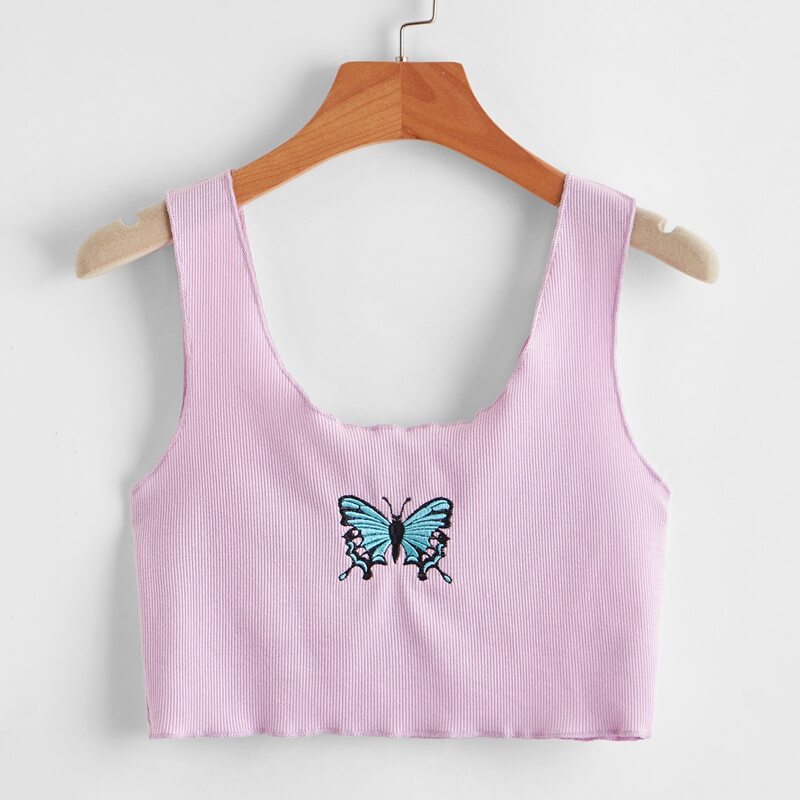 

Butterfly Embroidery Crop Tank Top, Lilac purple