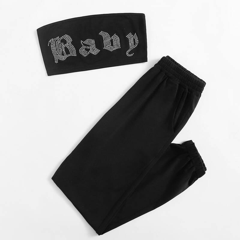 

Rhinestone Decor Crop Tube Top & Sweatpants, Black