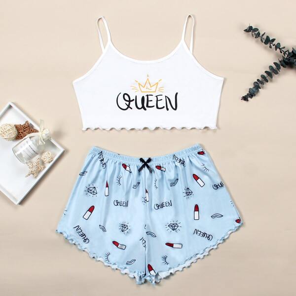 

Lipstick & Letter Graphic Pajama Set, Blue and white