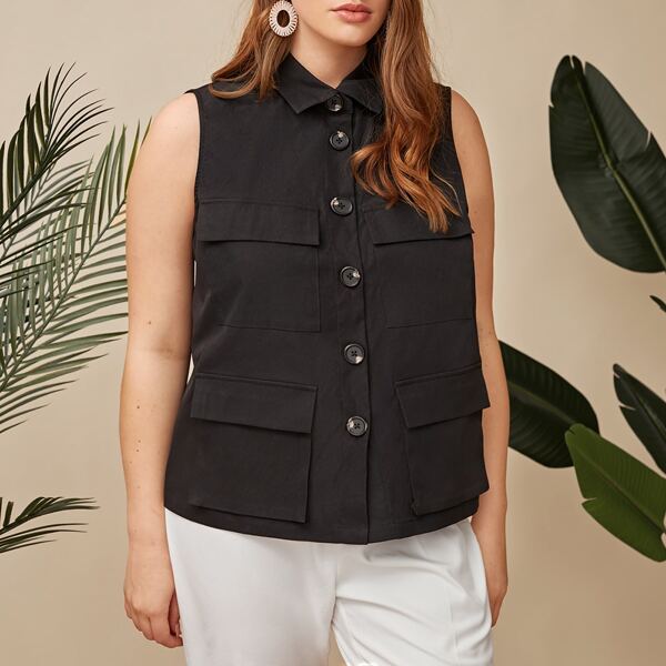 

Plus Flap Pocket Button Placket Vest Jacket, Black