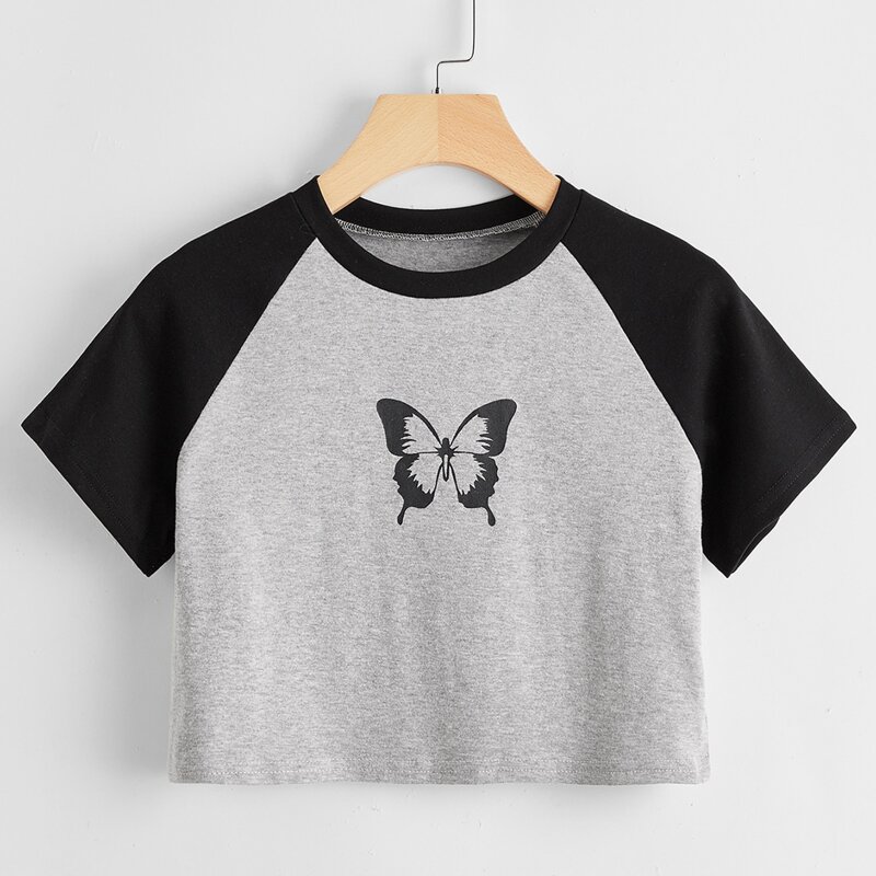

Raglan Sleeve Butterfly Print Tee, Grey