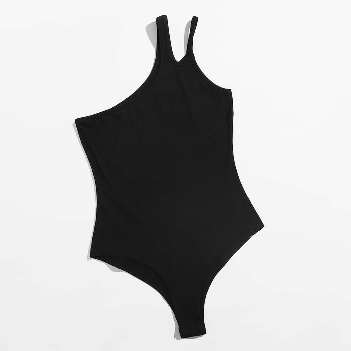 

One Shoulder Ribbed Bodysuit, Black