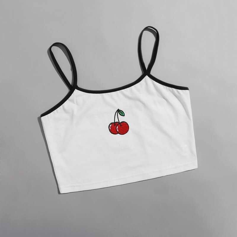 

Cherry Embroidery Crop Cami Top, White