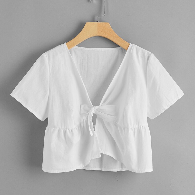 

Tie Front Ruffle Hem Top, White