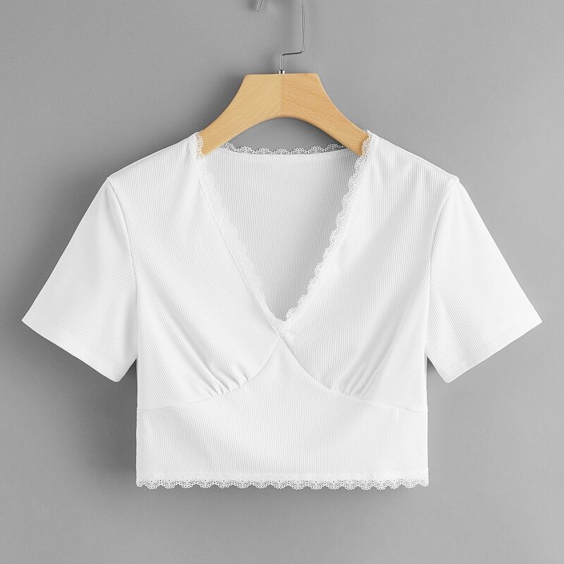 

V Neck Contrast Lace Crop Tee, White