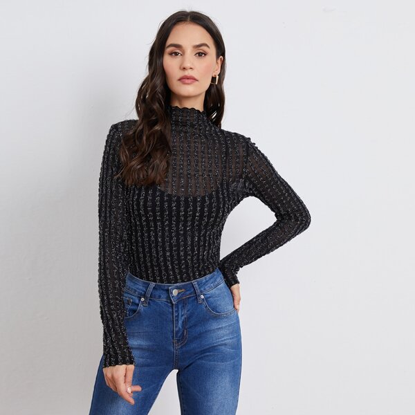 

Mock Neck Lettuce Trim Sheer Fuzzy Top, Black