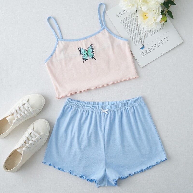 

Butterfly Print Crop Cami Top With Shorts, Multicolor