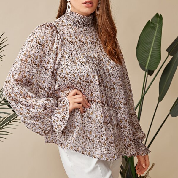 

Plus Shirred High Neck Flounce Sleeve Allover Print Top, Multicolor