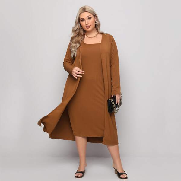 

Plus Solid Tank Dress With Coat, Brown