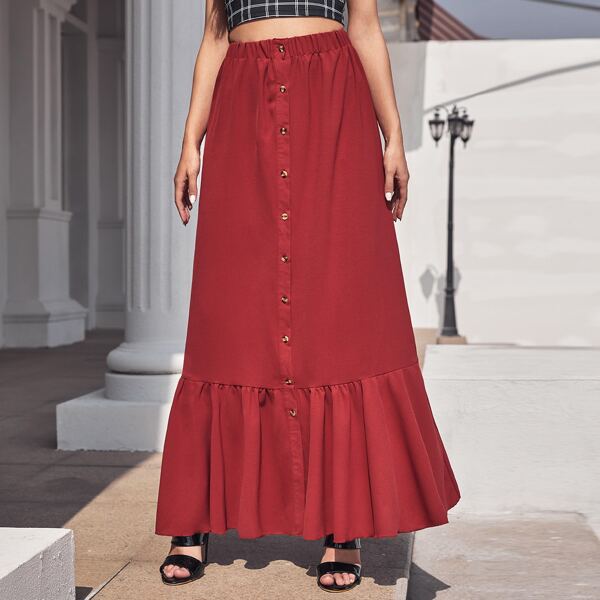 

Ruffle Hem Button Front Skirt, Burgundy