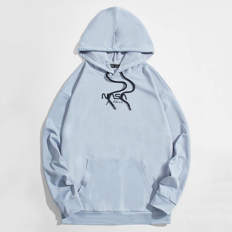 

Guys Letter Graphic Pocket Drawstring Hoodie, Baby blue