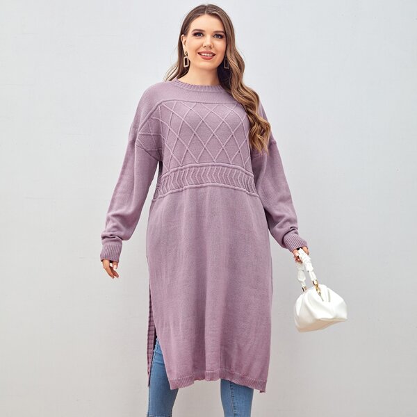 

Plus Drop Shoulder Split Hem Textured Longline Sweater, Mauve purple