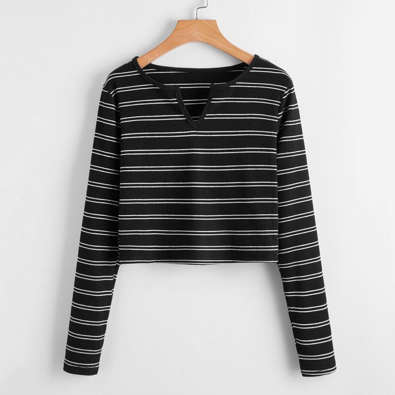 

Notched Neck Striped Tee, Black and white