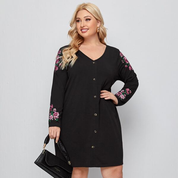 

Plus V-neck Embroidery Floral Button Front Dress, Black
