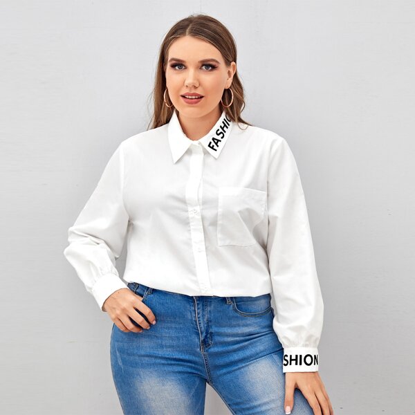

Plus Embroidery Letter Patch Pocket Blouse, White