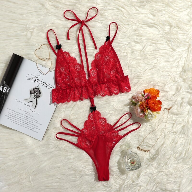 

Scallop Floral Lace Halter Teddy Bodysuit, Red