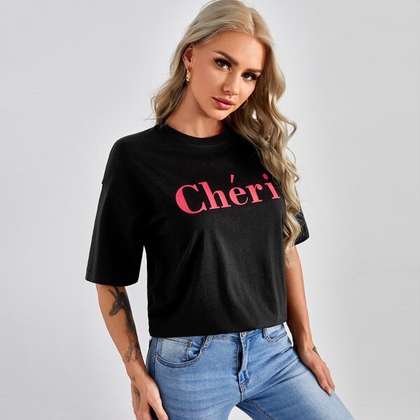 

Drop Shoulder Letter Graphic Top, Black