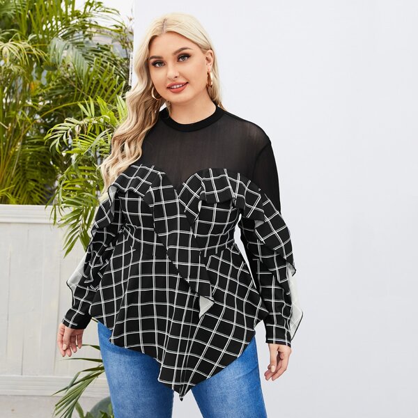 

Plus Contrast Mesh Ruffle Trim Peplum Blouse, Black