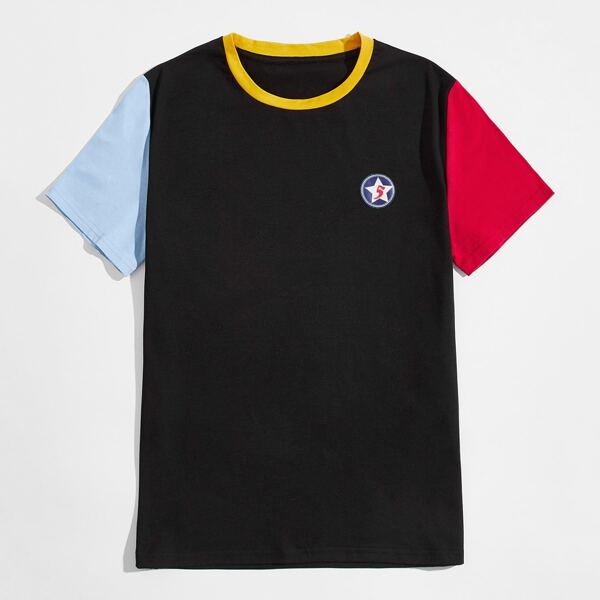 

Men Color Block Star Patched Tee, Black