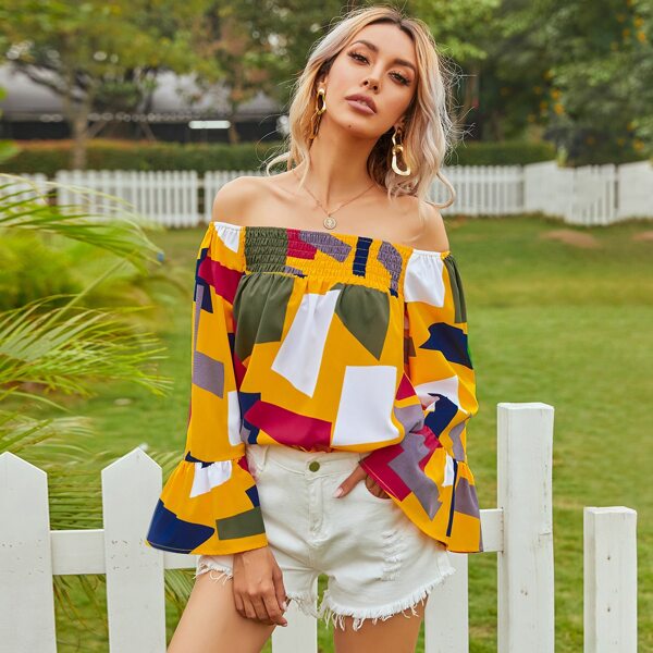 

Geo Print Flounce Sleeve Bardot Blouse, Multicolor