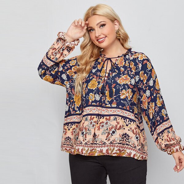 

Plus Tie Neck Flounce Sleeve Floral Print Top, Multicolor