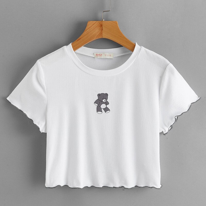 

Cartoon Bear Ribbed Tee, White