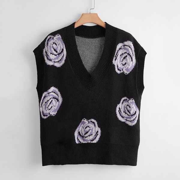 

Plus Floral Pattern Sweater Vest, Black