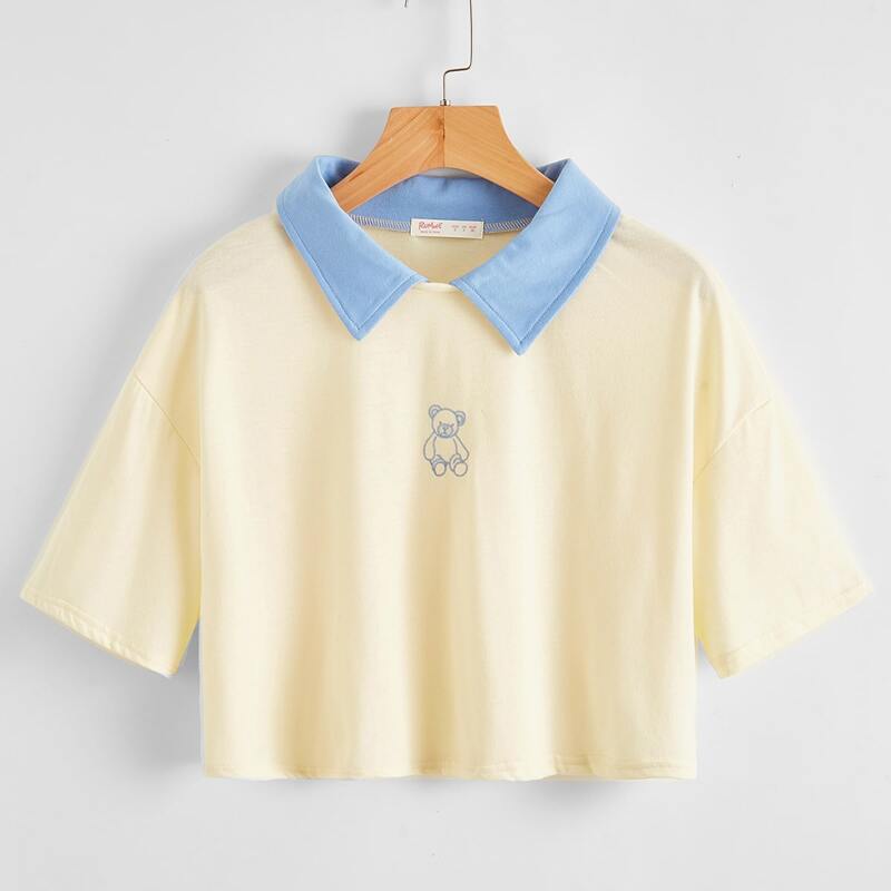 

Cartoon Bear Collar Tee, Multicolor