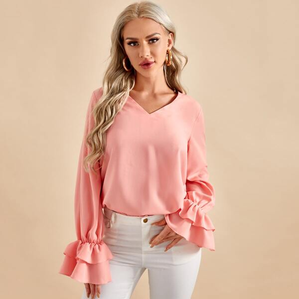 

V-neck Flounce Sleeve Solid Top, Pastel coral pink