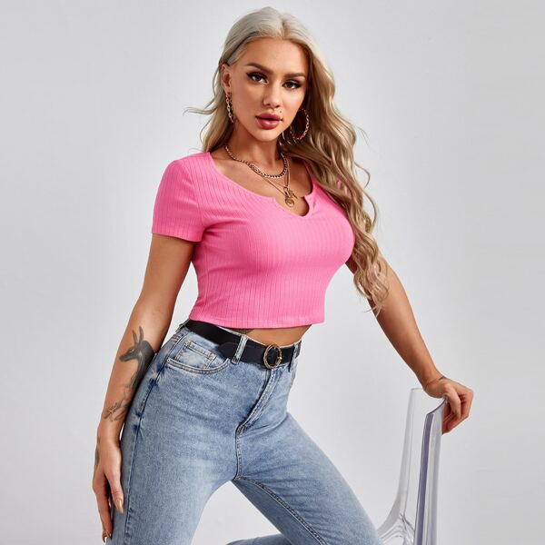 

Ribbed Split Neck Cropped Tee, Pink
