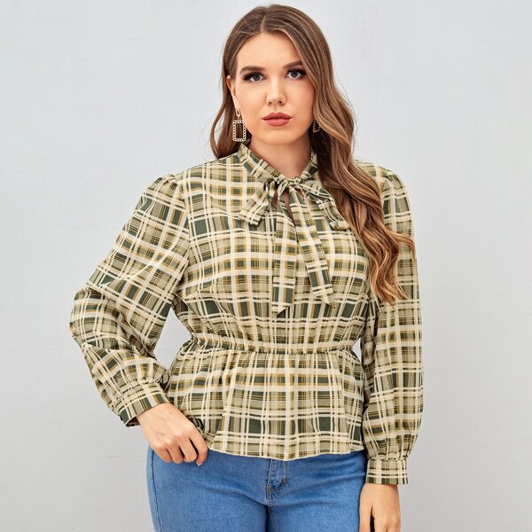 

Plus Tie Neck Plaid Peplum Blouse, Multicolor