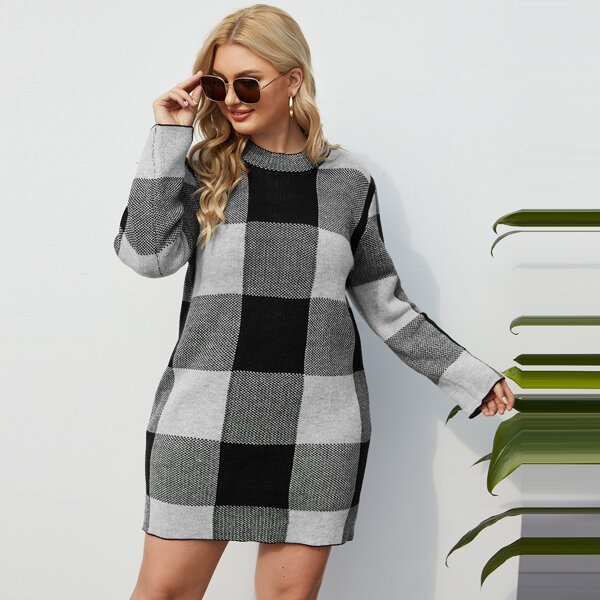 

Plus Drop Shoulder Buffalo Plaid Sweater Dress, Black and white