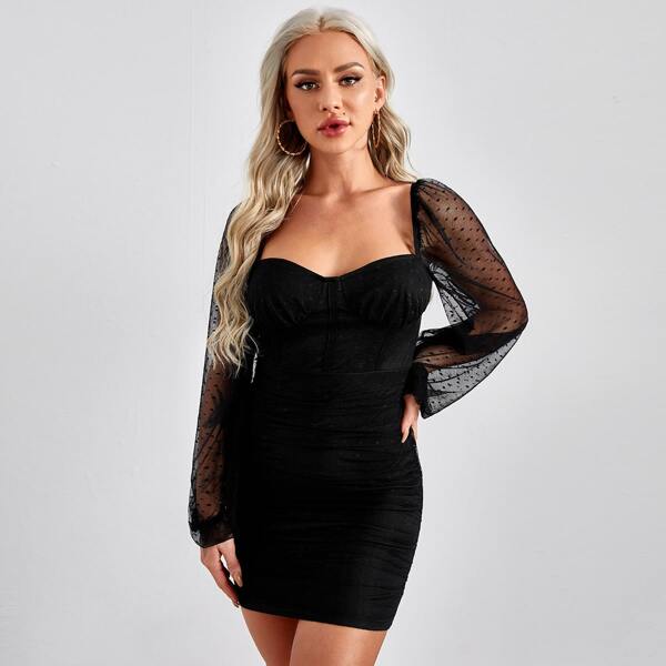 

Sweetheart Neck Binding Trim Lantern Sleeve Swiss Dot Bustier Dress, Black