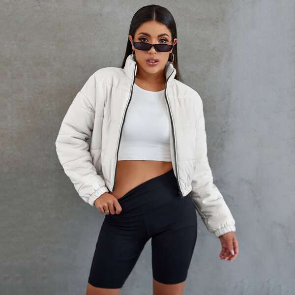

Zip Up Solid Puffer Jacket, White