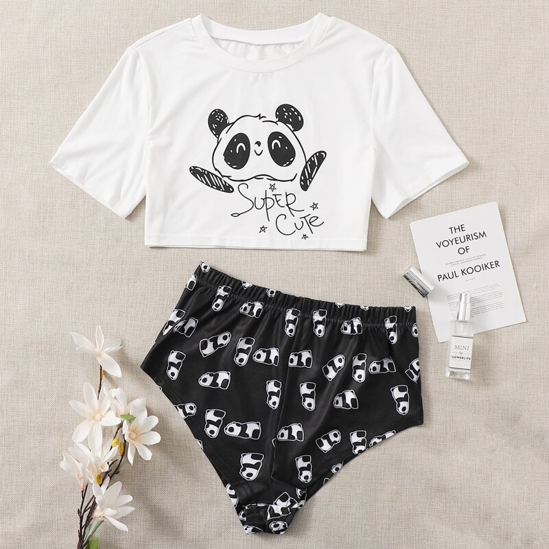 

Cartoon And Letter Graphic Pajama Set, Black and white