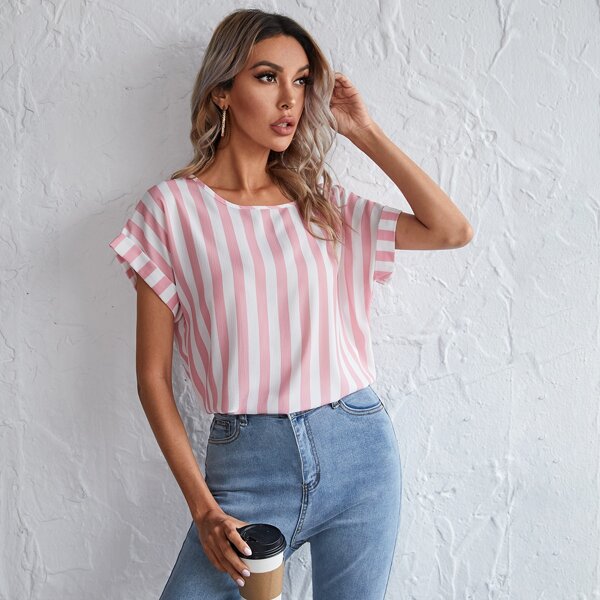 

Rolled Cuff Striped Top, Baby pink