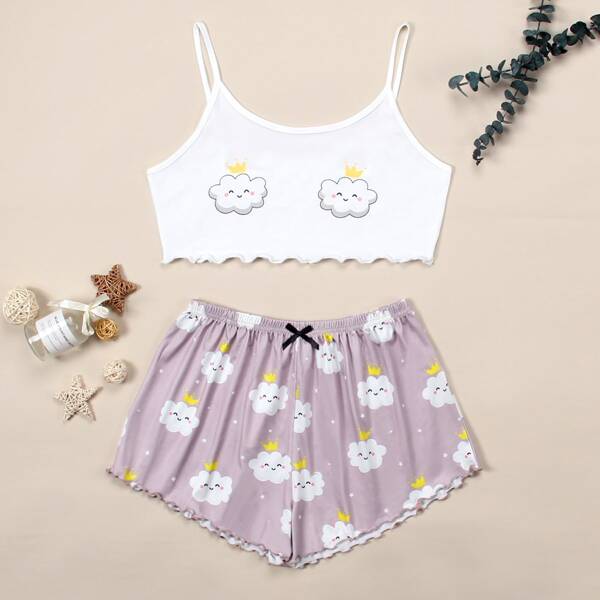 

Cartoon Graphic Cami Pajama Set, Multicolor