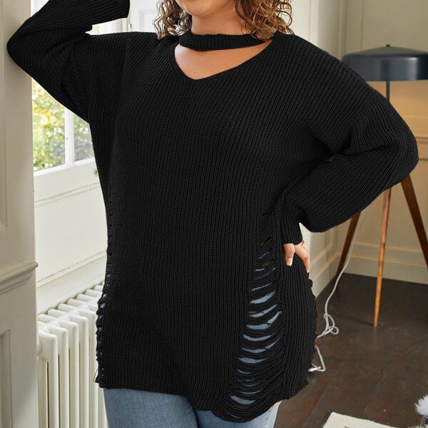 

Plus Choker Neck Drop Shoulder Distressed Sweater, Black