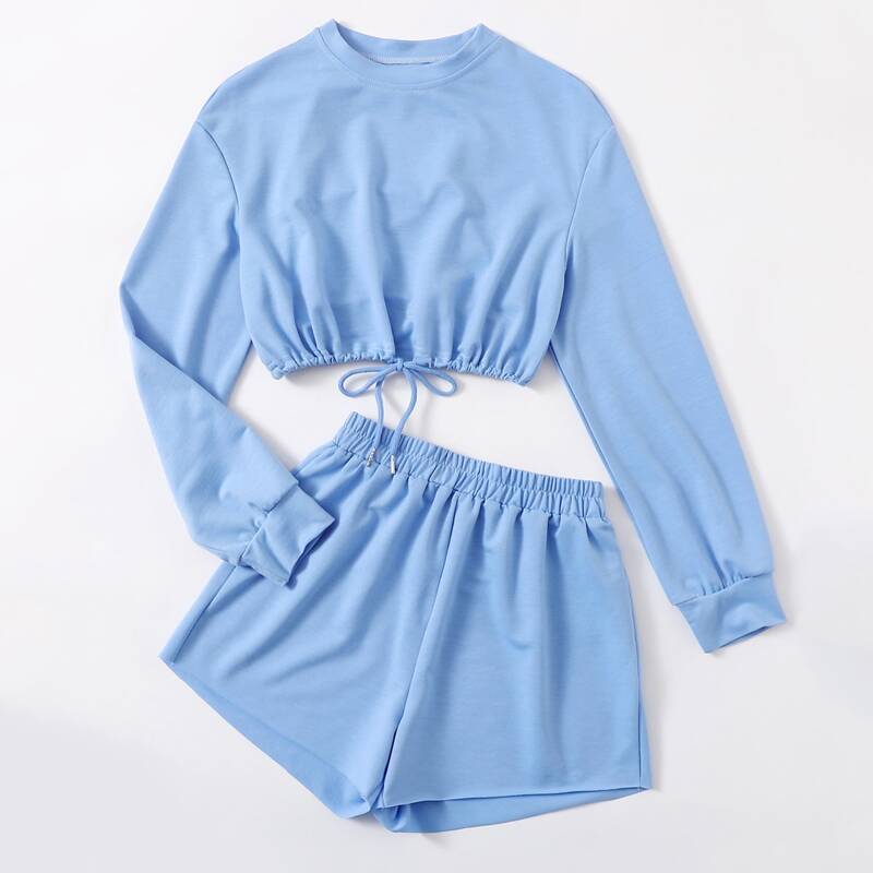 

Solid Drawstring Sweatshirt & Shorts, Blue