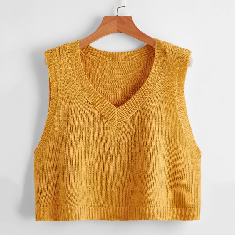 

Solid V Neck Sweater Vest, Mustard yellow