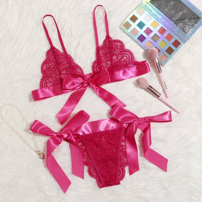 

Floral Lace Tie Side Lingerie Set, Hot pink