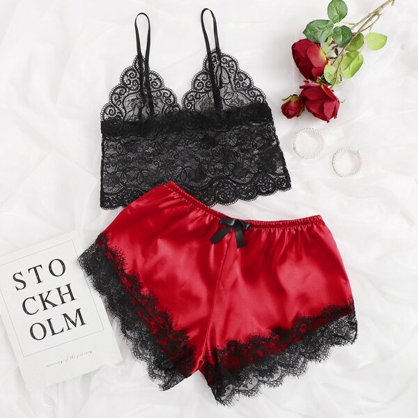 

Floral Lace Scallop Trim Bralette With Satin Shorts, Multicolor
